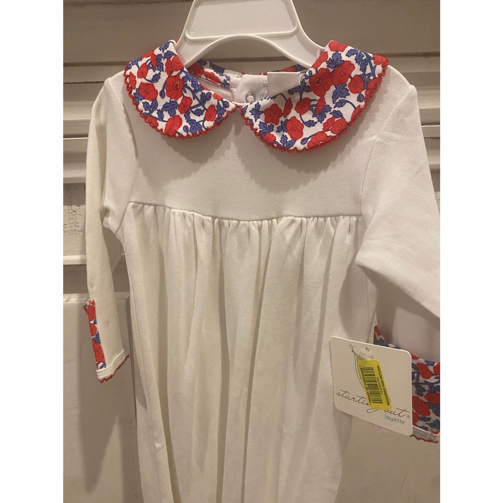 Darling baby gown with floral collar and trim